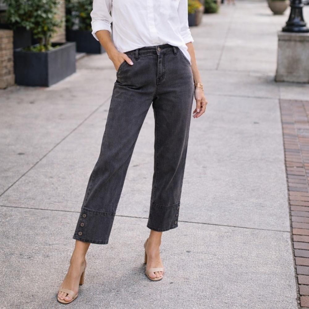 Anthropologie Charcoal Button-Hem Straight Cropped Jeans